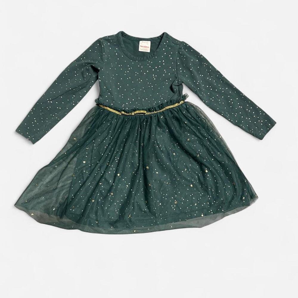 3t Hanna Andersson jade green dress w glittery gold stars, moons, and dots